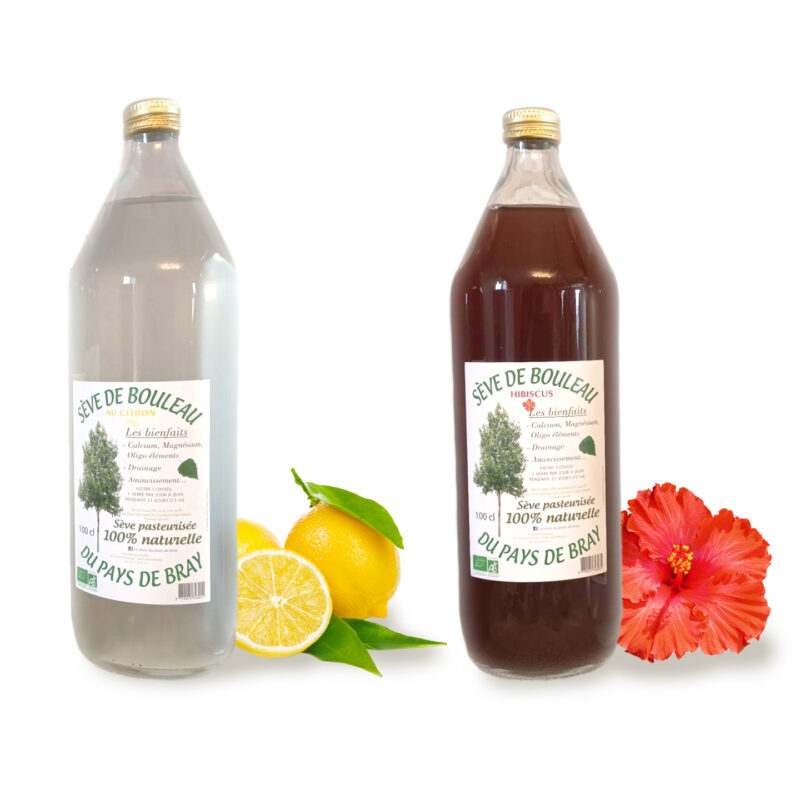 Notre produit vedette la bouteille de un litre de sève de bouleau bio certifiée en deux parfums disponibles citron et hibiscus AB
